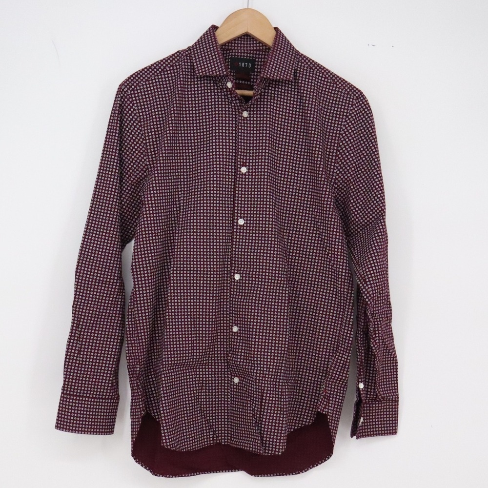 1670 Button-Down Mens 15.5 32/33 Slim Fit Stretch Burgundy Geometric Excellent
